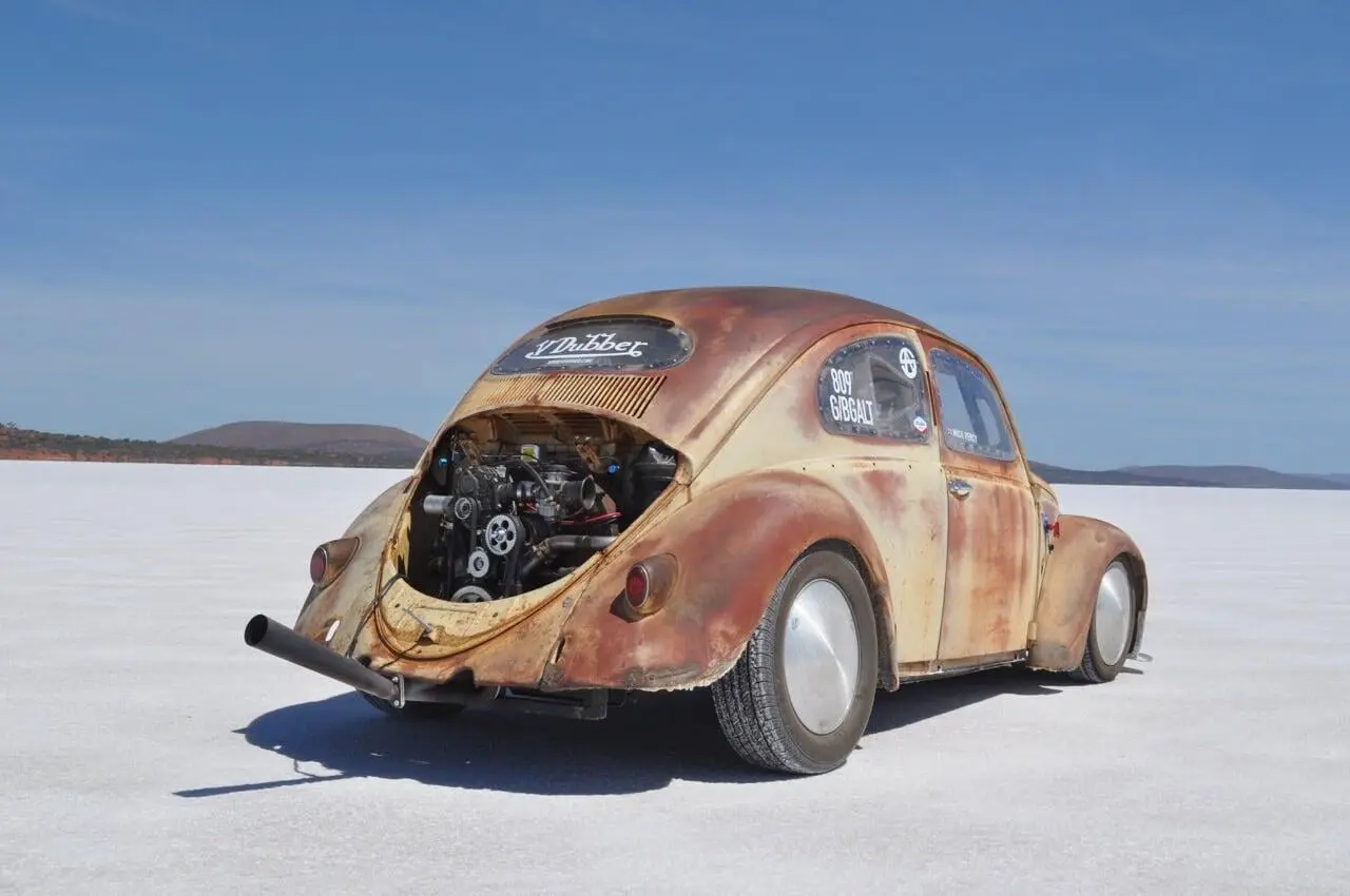 supercharged oval beetle on the salt flats